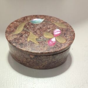 Craft Brown Stone Trinket Box with Gold and Pink Inlay